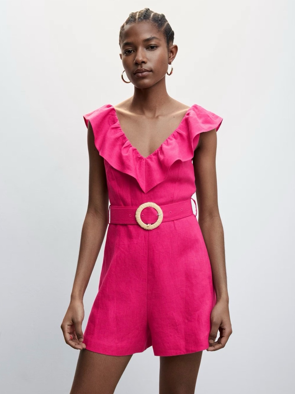 Mango Hot Pink Ruffle V-Neck Belted Romper